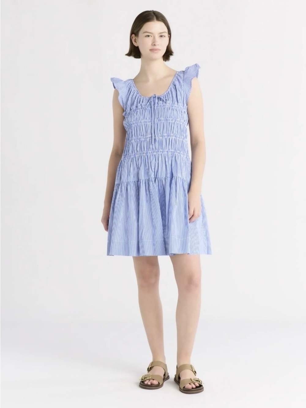 Free Assembly Women's Smocked Cotton Mini Dress with Flutter Sleeves, Medium - Picture 4 of 7
